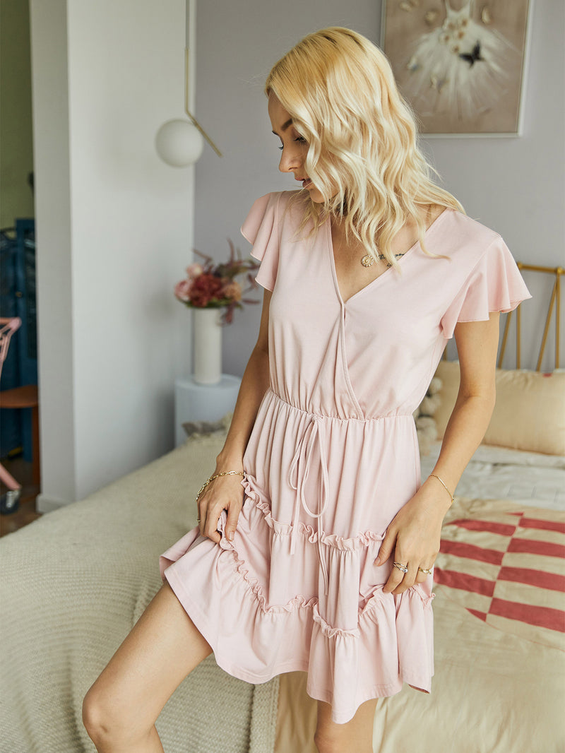 V-Neck Ruffle Short Sleeve Short Dress