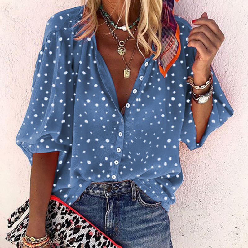 Polka Dot Lapel Button Blouse