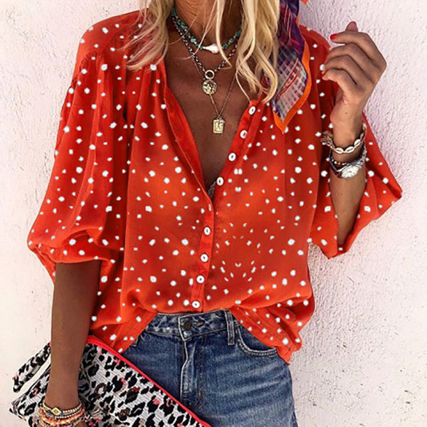 Polka Dot Lapel Button Blouse