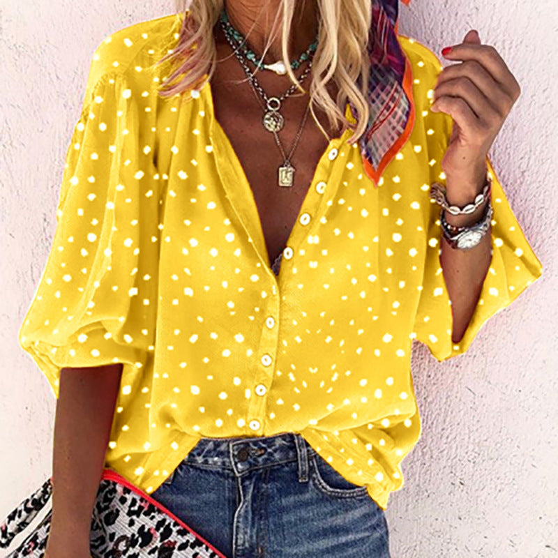 Polka Dot Lapel Button Blouse