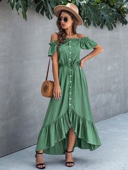 Off Shoulder Hem Split Ruffle Maxi Dress