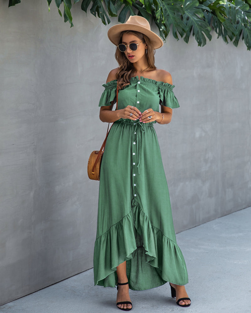 Off Shoulder Hem Split Ruffle Maxi Dress