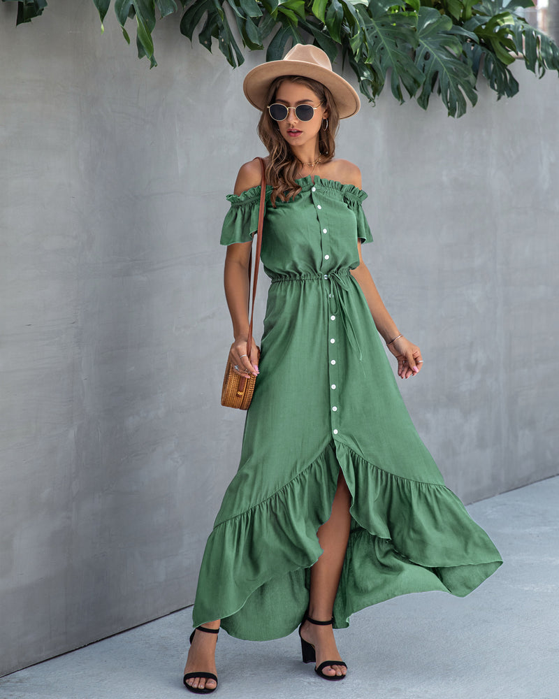 Off Shoulder Hem Split Ruffle Maxi Dress