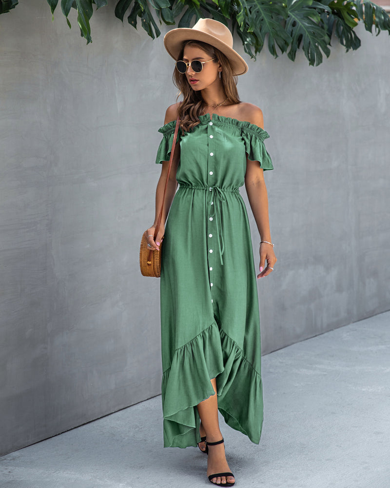 Off Shoulder Hem Split Ruffle Maxi Dress