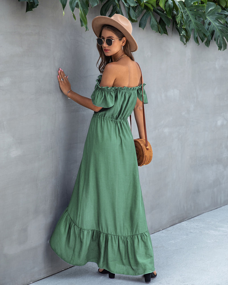 Off Shoulder Hem Split Ruffle Maxi Dress