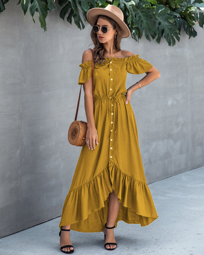 Off Shoulder Hem Split Ruffle Maxi Dress