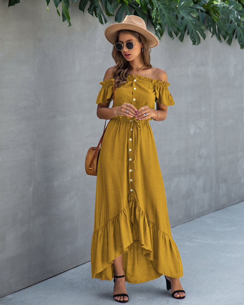 Off Shoulder Hem Split Ruffle Maxi Dress