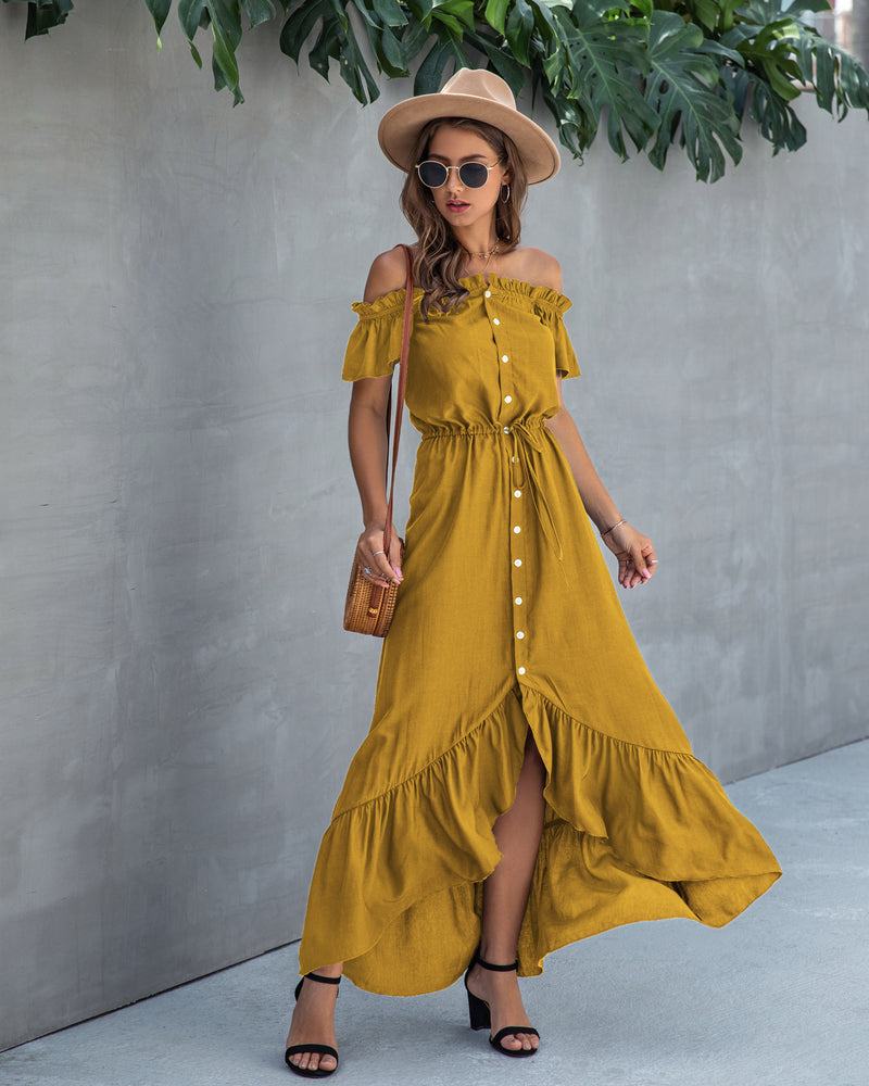 Off Shoulder Hem Split Ruffle Maxi Dress