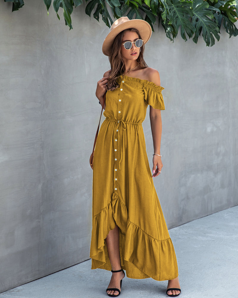 Off Shoulder Hem Split Ruffle Maxi Dress