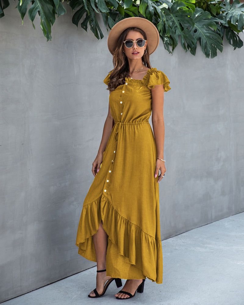 Off Shoulder Hem Split Ruffle Maxi Dress