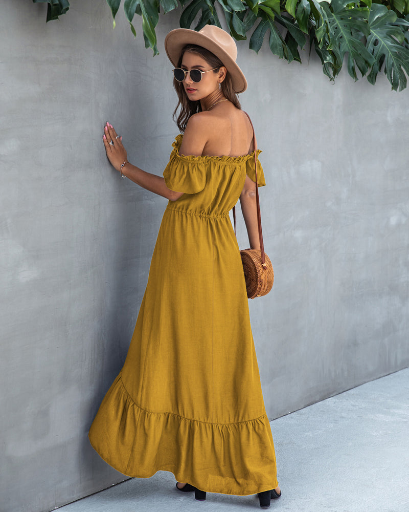 Off Shoulder Hem Split Ruffle Maxi Dress