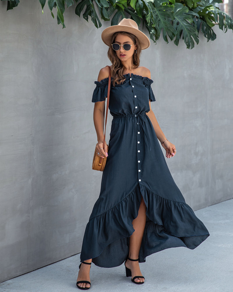 Off Shoulder Hem Split Ruffle Maxi Dress