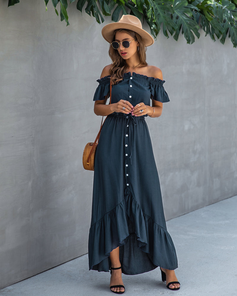 Off Shoulder Hem Split Ruffle Maxi Dress