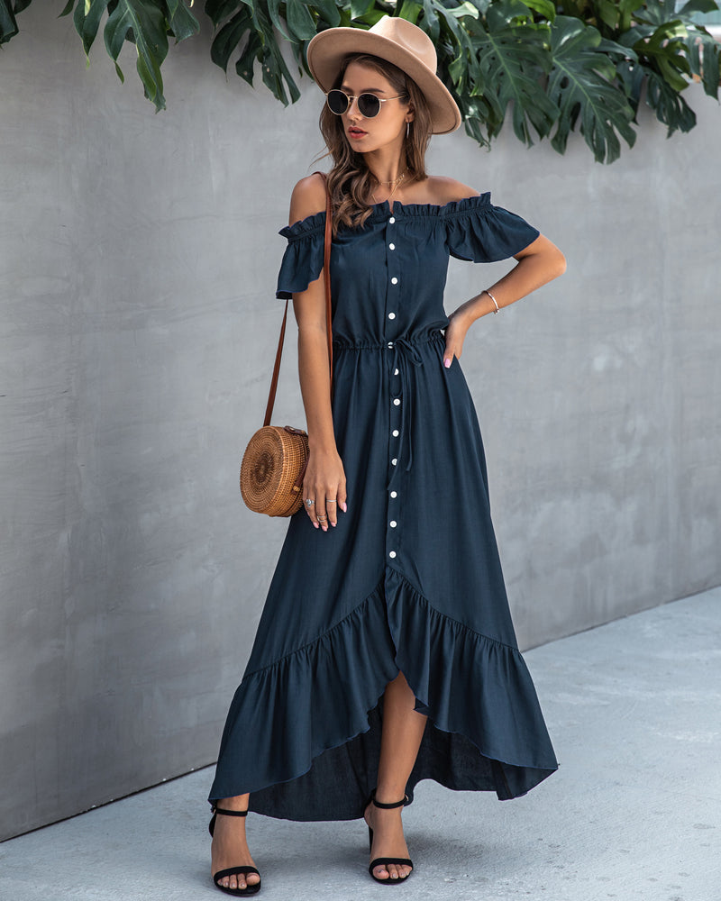 Off Shoulder Hem Split Ruffle Maxi Dress