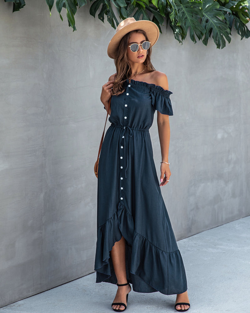 Off Shoulder Hem Split Ruffle Maxi Dress