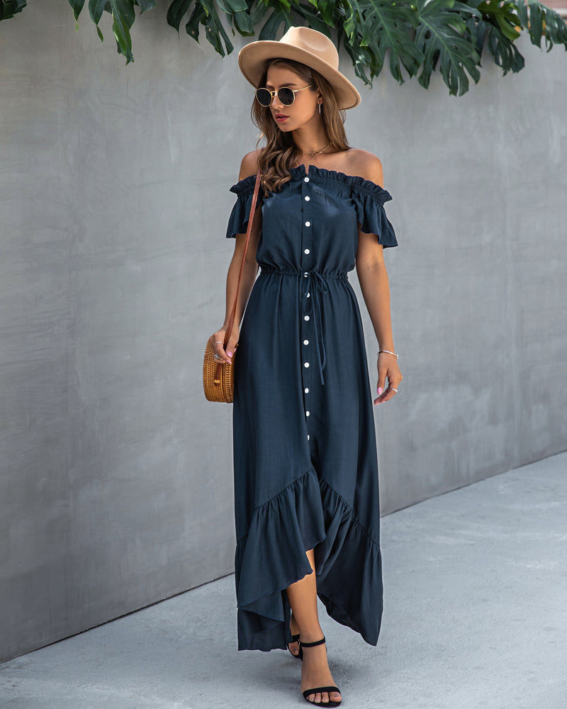 Off Shoulder Hem Split Ruffle Maxi Dress