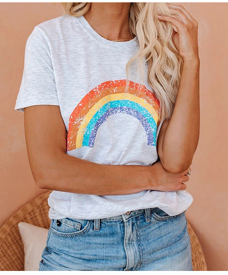 Rainbow Pattern Round Neck Short Sleeve T-Shirt