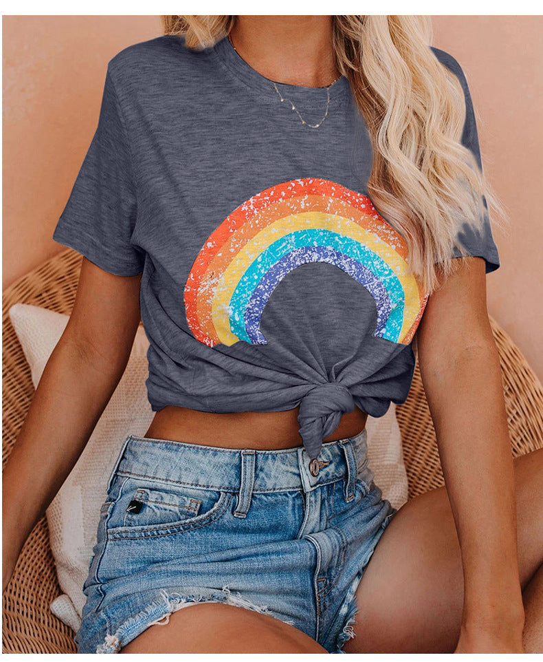 Rainbow Pattern Round Neck Short Sleeve T-Shirt