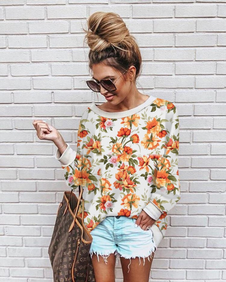 Round Neck Long Sleeve Loose Floral Casual Sweatshirt