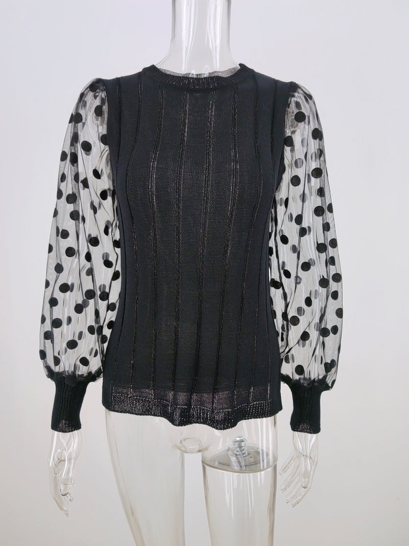 Polka Dot Long Sleeve Transparent Loose Knit Sweater