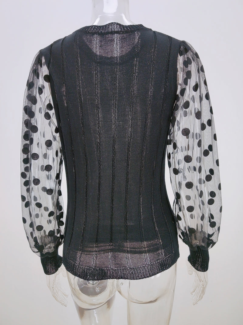 Polka Dot Long Sleeve Transparent Loose Knit Sweater