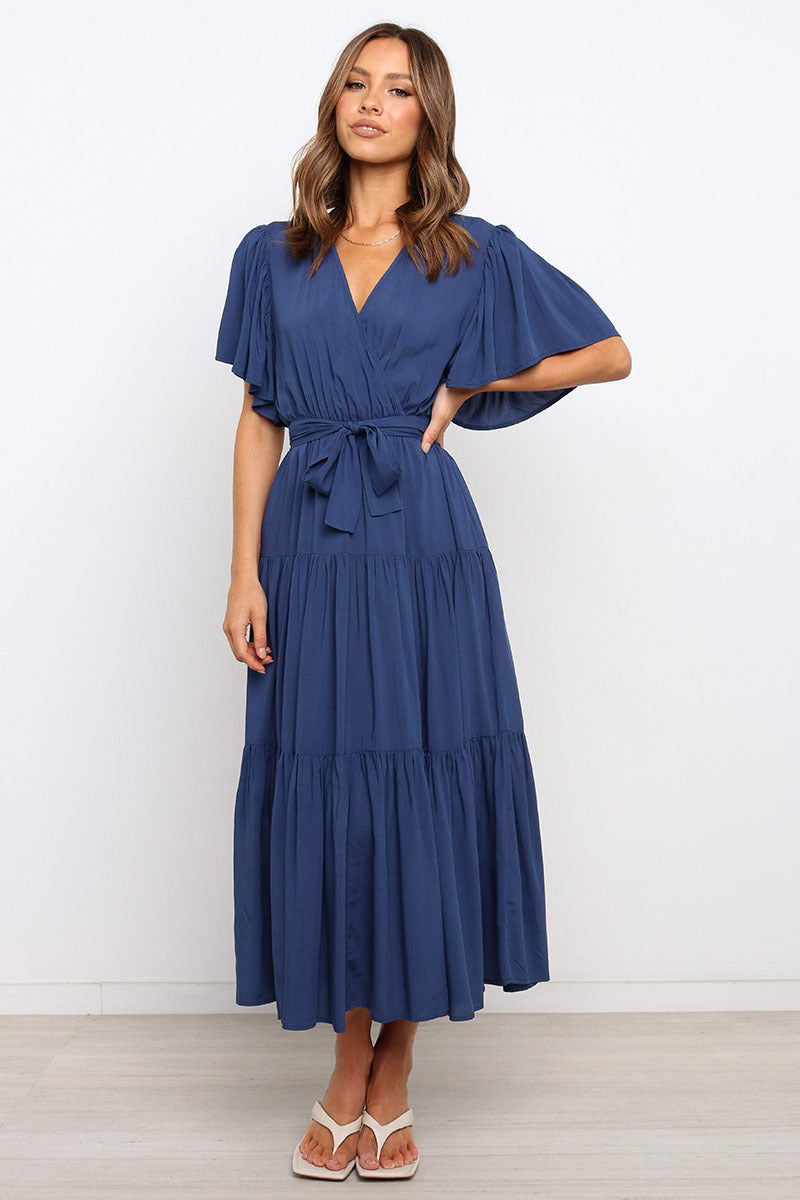 V Neck Tie Waist Short Sleeve Maxi Dress