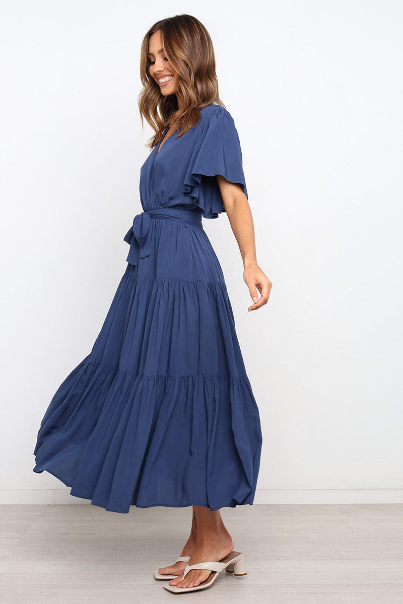 V Neck Tie Waist Short Sleeve Maxi Dress