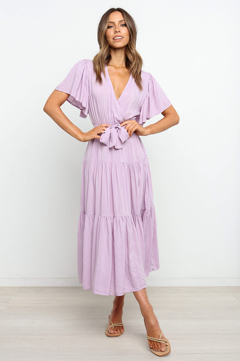 V Neck Tie Waist Short Sleeve Maxi Dress