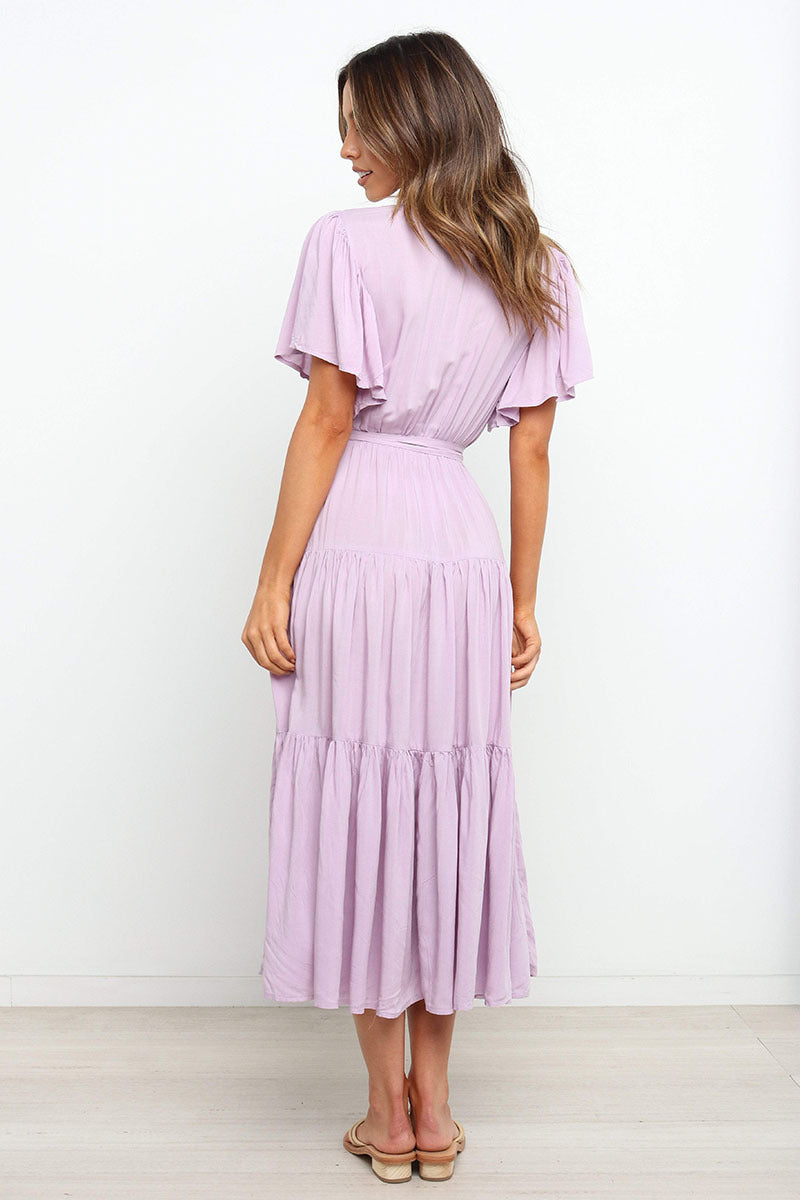 V Neck Tie Waist Short Sleeve Maxi Dress