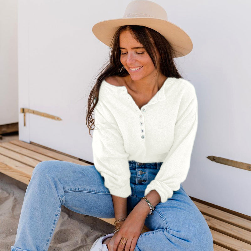 Button Up Crew Neck Knit Sweater Top