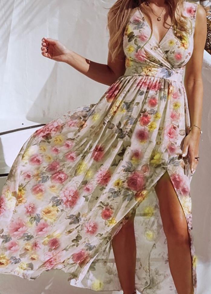 Printed Side Split V Neck Sleeveless Dress