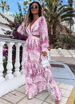 V Neck Long Sleeve Printed Dress