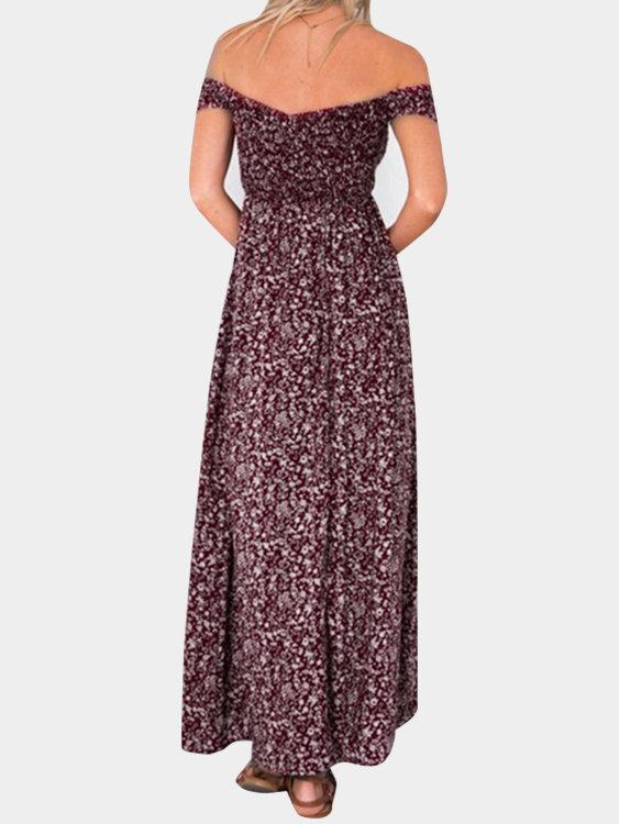 Floral Print Off Shoulder Splited Hem Maxi Dresses - Landing Closet