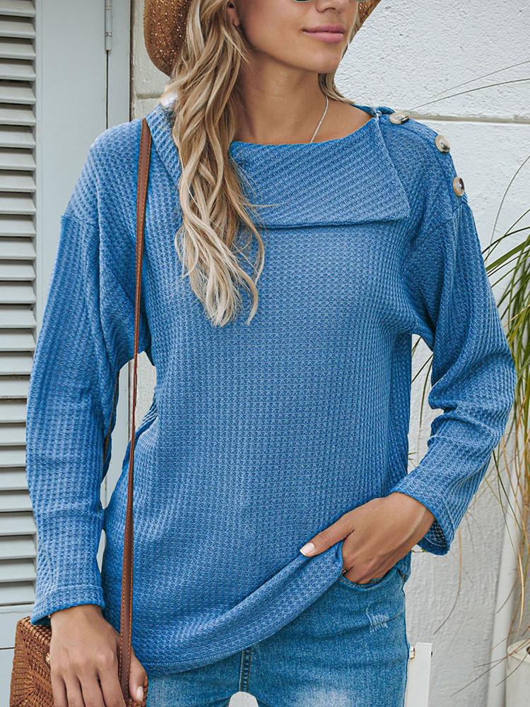 Lapel Shoulder Button Solid Long-sleeve T-shirt