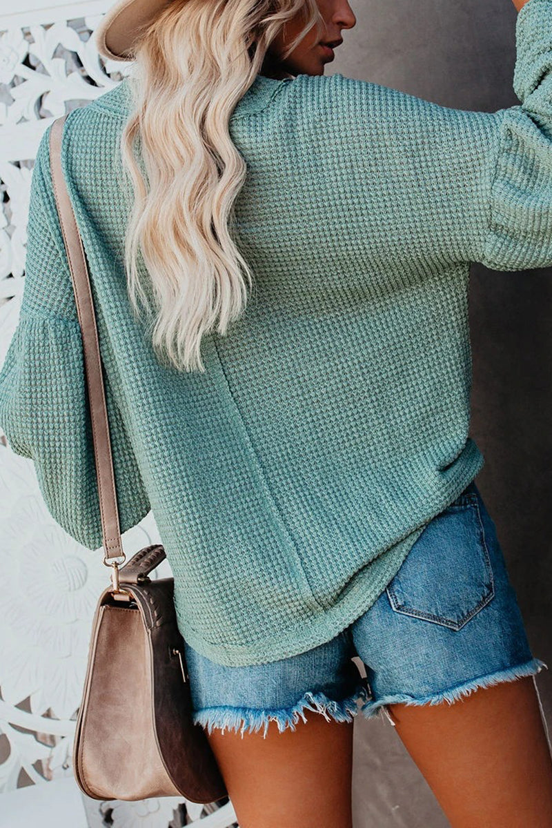 Thermal V Neck Puff Sleeve Sweater