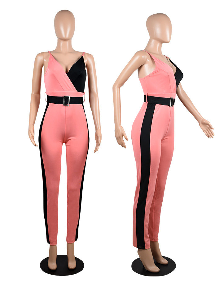 Spaghetti Strap V Neck Jumpsuit Long Pants with Belt