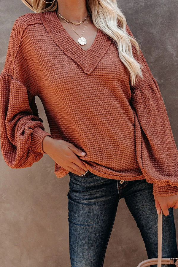 Thermal V Neck Puff Sleeve Sweater