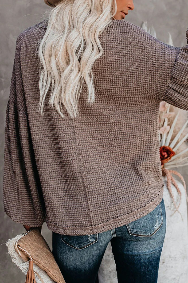 Thermal V Neck Puff Sleeve Sweater