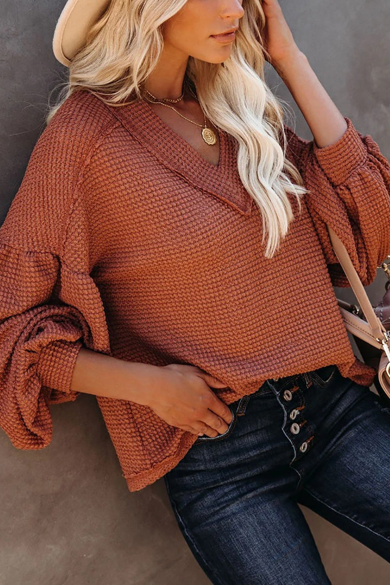 Thermal V Neck Puff Sleeve Sweater