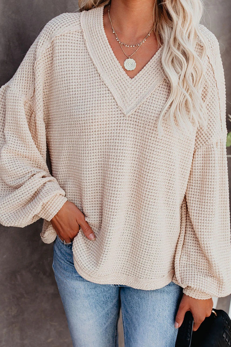 Thermal V Neck Puff Sleeve Sweater