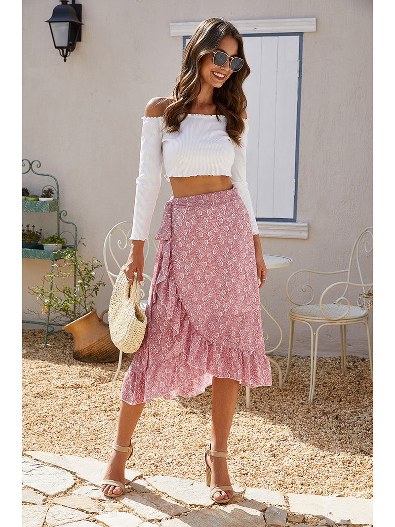 Floral Print Wrap Ruffle  High Waist Flowy Midi Skirt with Slit