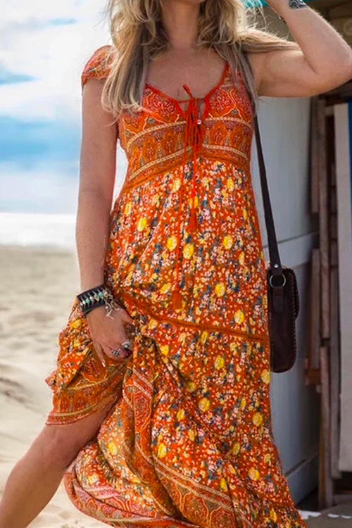 Tassel V Neck Bohemia Printed Maxi Beach Dress