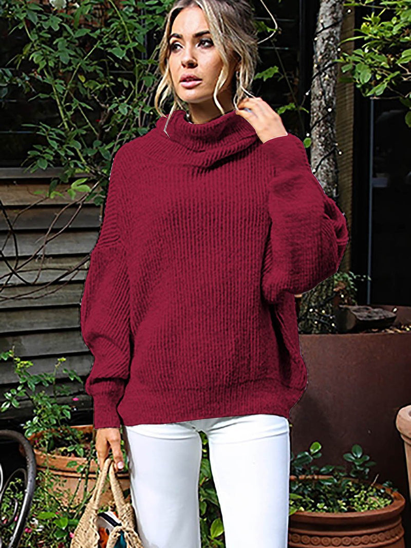 Rolled Neckline Ribbed Cuff Knitted Sweater