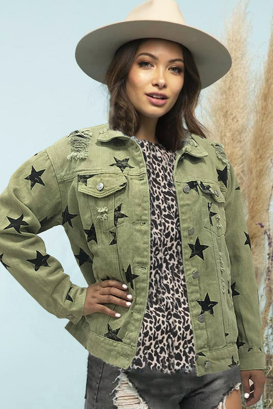 Button Bend Down Collar Star Printed Jacket