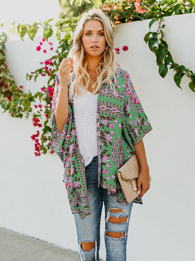 Floral Print Front Open Short Sleeve Cardigan - Landing Closet