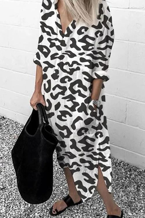 V Neck Side Split Leopard Long Dress