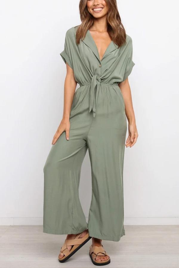 Houston Pocketed Button Down Tie Jumpsuit