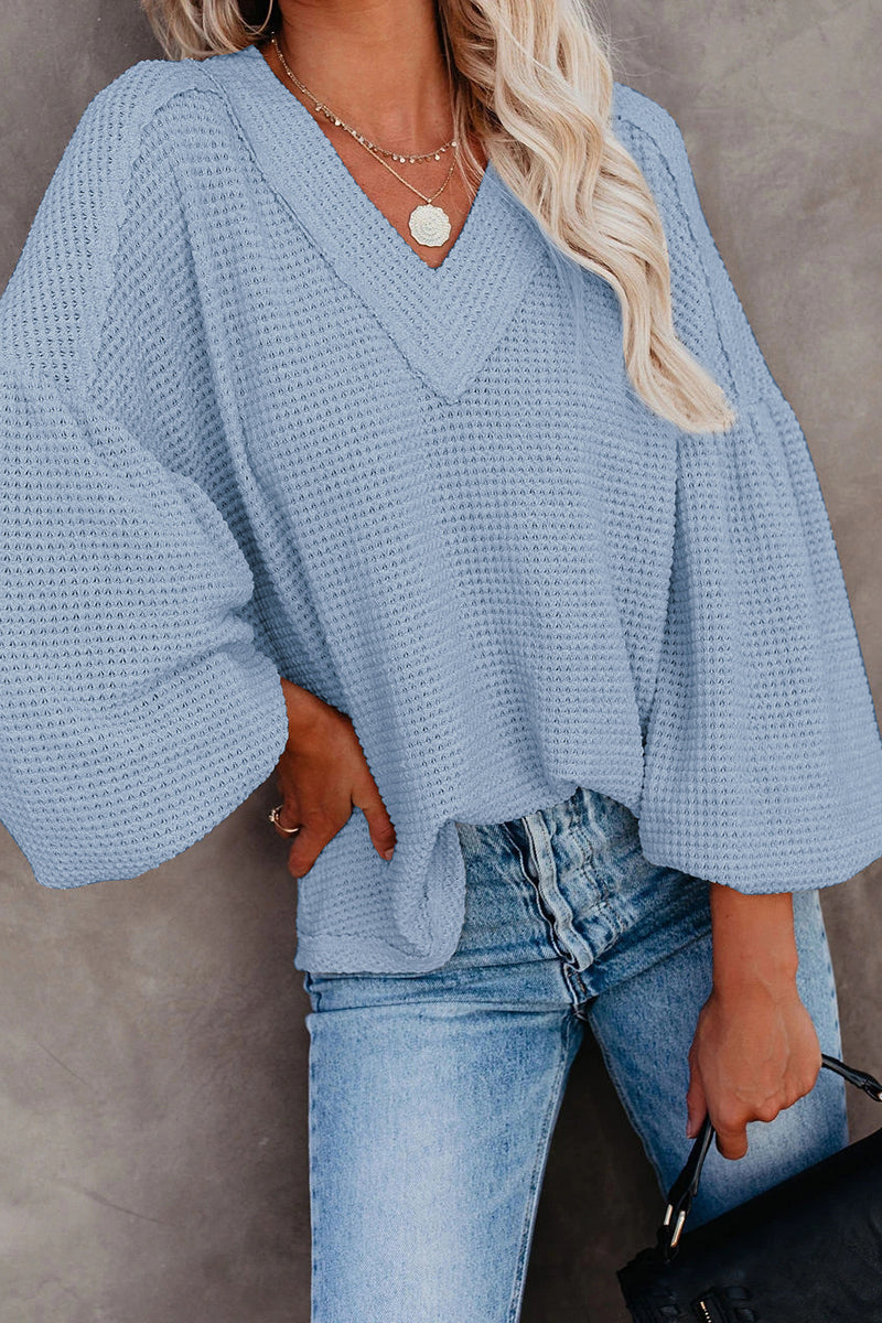 Thermal V Neck Puff Sleeve Sweater