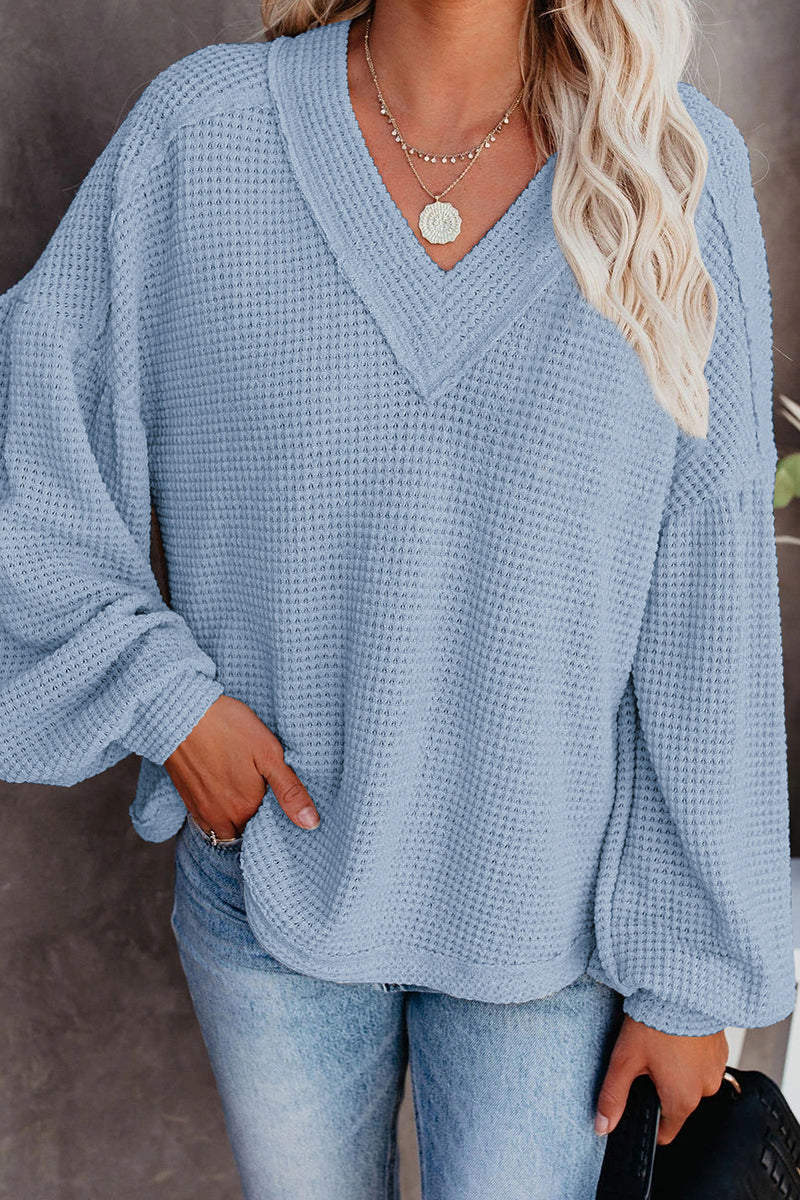 Thermal V Neck Puff Sleeve Sweater