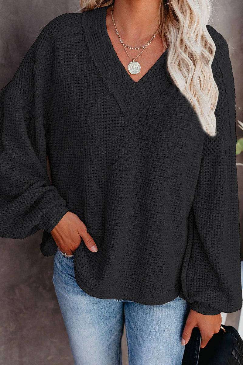 Thermal V Neck Puff Sleeve Sweater